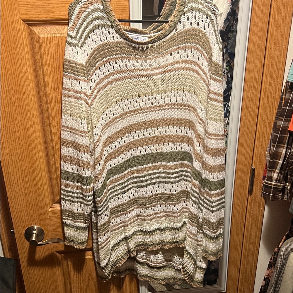 Cozy Striped Knit Sweater - Green, Brown, Cream